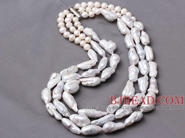 Fashion Three Strands Natural White Freshwater And Blister Pearl Necklace With Magnetic Clasp