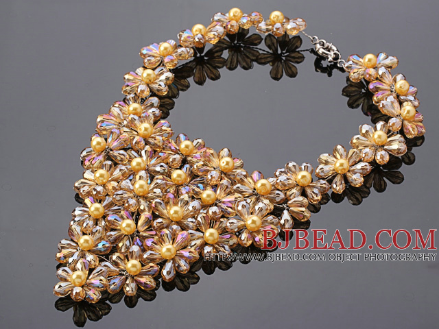 Pretty Multilayer Wired Champagne Teardrop Crystal And Round Seashell Pearl Flower Necklace
