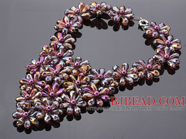Pretty Multilayer Wired Purple Colorful Teardrop Crystal And Round Seashell Pearl Flower Necklace