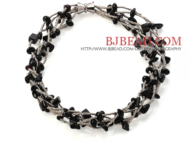 Nice Multi Twisted Strands Black Agate Sandstone And Manmade Gray Crystal Necklace With Magnetic Clasp