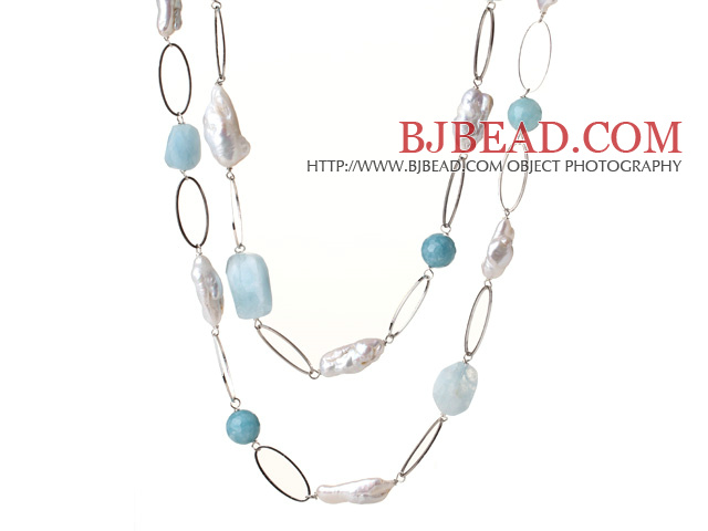 Beautiful Long Style Irregular Shape White Pearl and Natural Aquamarine Necklace