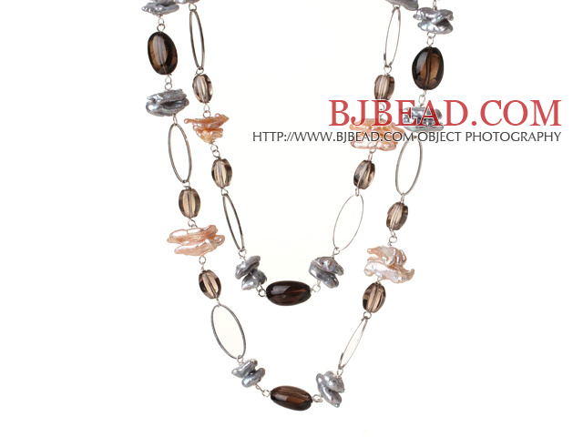 Long Style Special Design Multi Color Biwa Pearl and Smoky Quartz Necklace