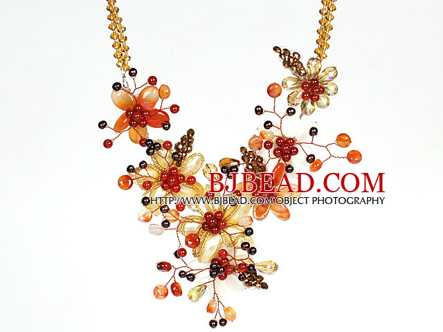 Amazing Gorgeous Carnelian Pearl Crystal and Shell Flower Party Necklace