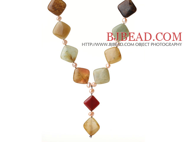 Special Design Y Shape Rhombus Shape Three Colored Jade and Pink Pearl Necklace