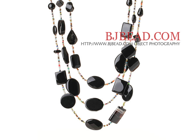 Beautiful Cool Three Layer Irregular Shape Black Agate and Multi Color Crystal Beads Necklace (Random Shape for Agate)