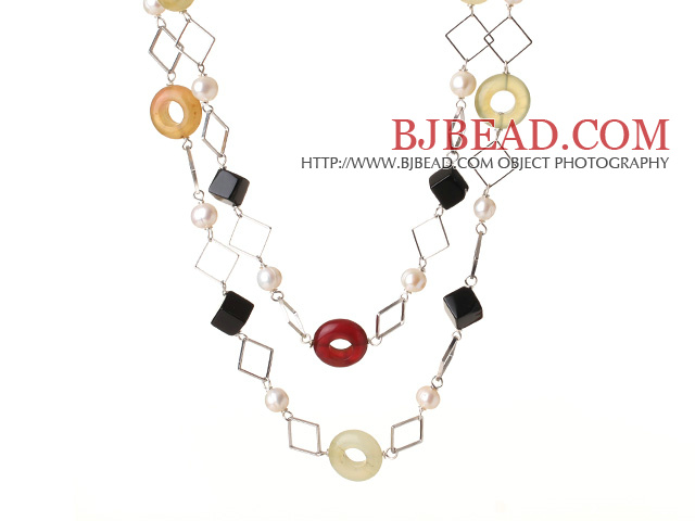 Beautiful Long Style White Pearl Rhombus Shape Black Agate and Three Colored Jade Necklace