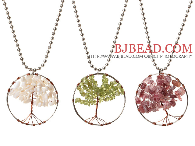 3 Pcs Fashion Large Loop Round Wired Crochet Multi Stone Chips Wishing Tree Pendant Necklace With Alloyed Chain