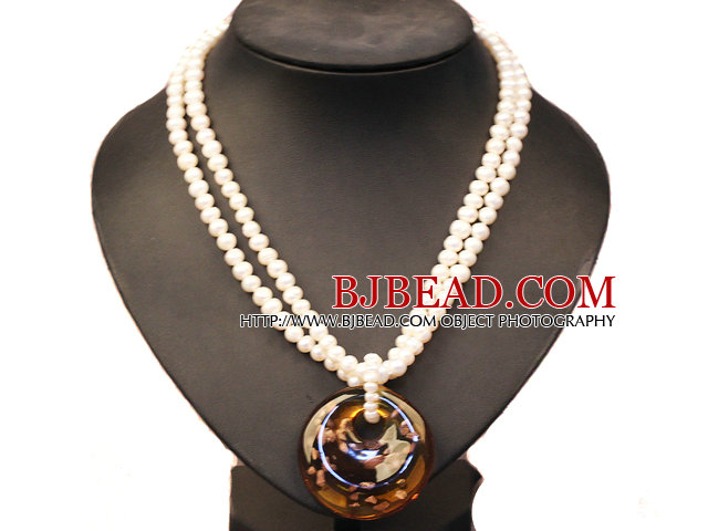 Elegant Pretty Double Strand Natural White Freshwater Pearl Necklace With Big Brown Colored Glaze Pendant
