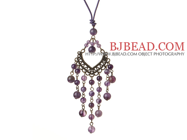 Vintage Style Chandelier Shape Amethyst Pendant Necklace with Purple Leather