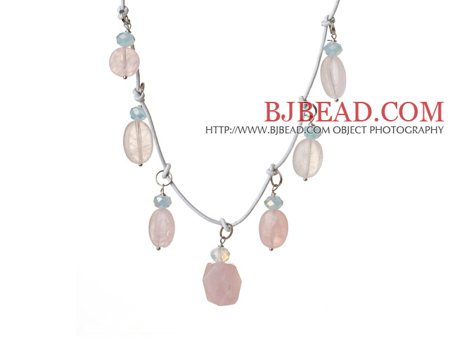 2014 Fashion Style Irregular Shape Rose Quartz and Light Blue Crystal Necklace With White Leather