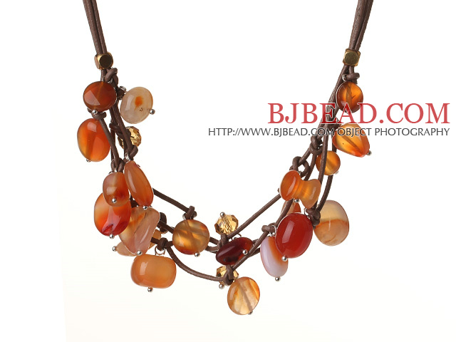 Vintage Style Multi Strands Natural Agate And Brown Crystal Brown Leather Necklace