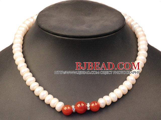 Noble Graceful Natural White Freshwater Pearl & Red Agate Beads Necklace