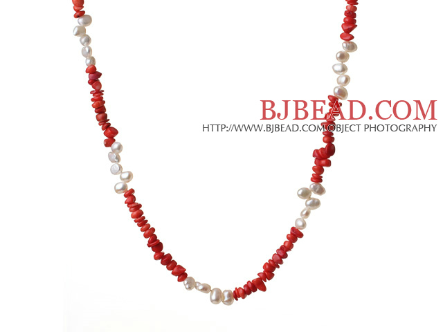 Fashion Long Style Irregular Shape Red Coral And Natural White Pearl Neckalce