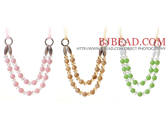 3 Pcs Fashion Double Layer Pink Green Brown Acrylic Beads And Clear Crystal Necklace
