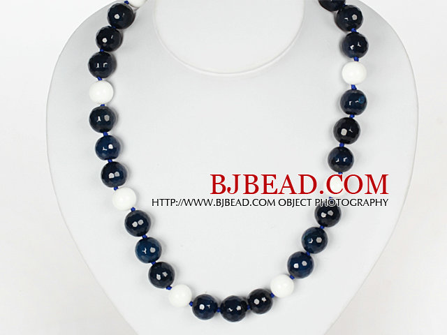 Single Strand Faceted Blue Agate and White Porcelain Stone Beads Necklace