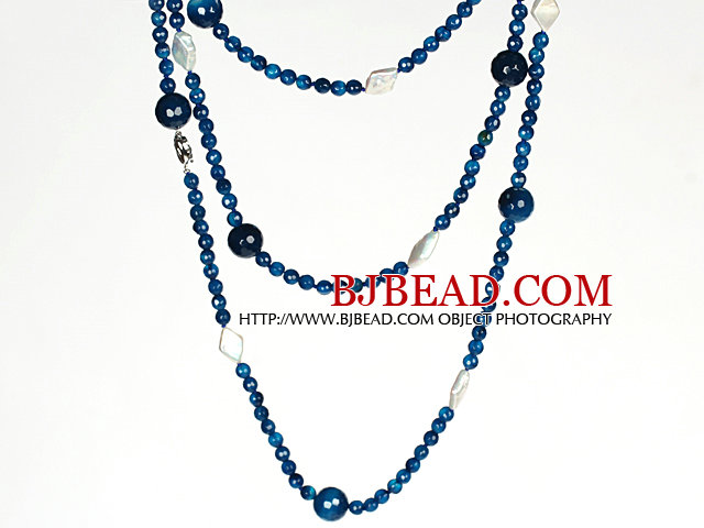 Long Necklace White Pearl and Faceted Blue Agate Beads Necklace