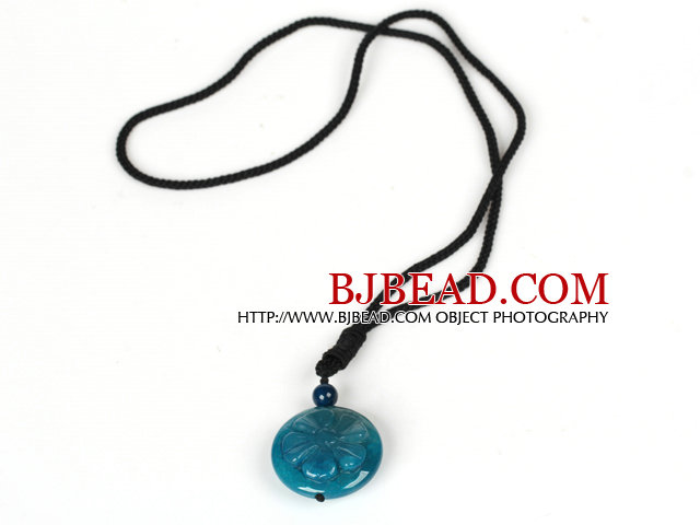 Round Hand Carved Blue Agate Pendant Necklace with Black Cord