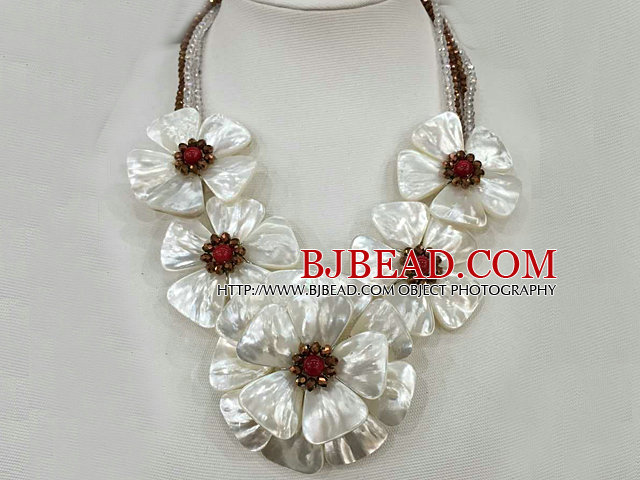 Fantastic Statement White Shell Flower Clear and Brown Crystal Party / Weddomg Necklace