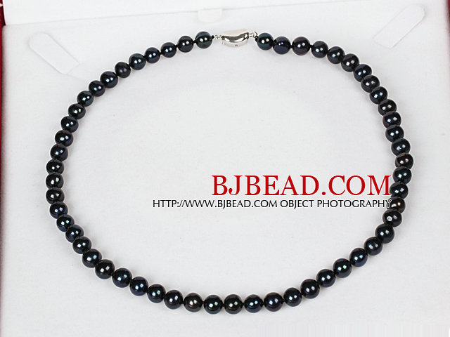7-8mm Natural Round Black Freshwater Pearl Beads Necklace for Women