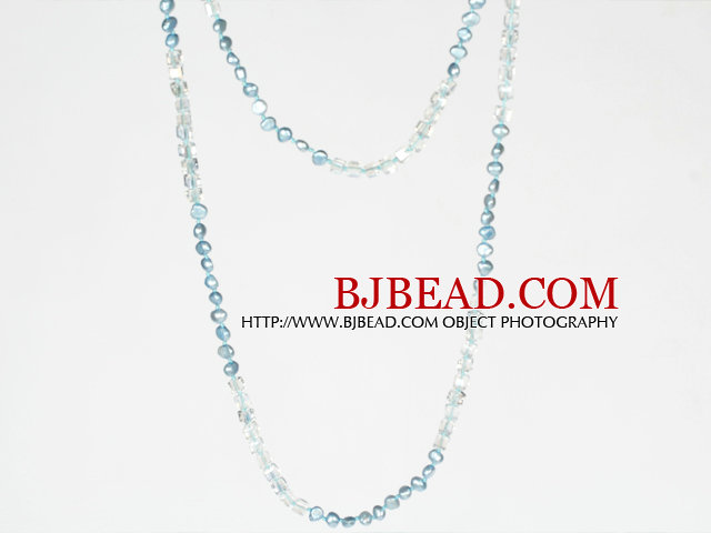 Long Necklace Jewelry 6-7mm Light Blue Pearl Crystal Necklace