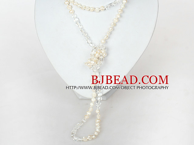 6-7mm Natural White Pearl and Clear Crystal Long Necklace