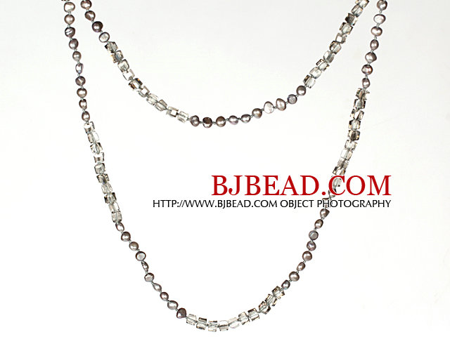 Long Necklace Chain 6-7mm Gray Pearl and Smoky Color Crystal Necklace