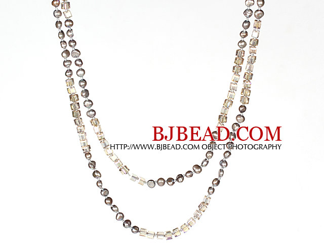 6-7mm Gray Pearl and Smoky Color Crystal Long Style Necklace For Women