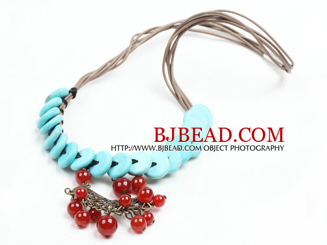 Chic Style Flat Round Turquoise Chandelier Shape Red Agate Beads Pendant Necklace With Brown Leather