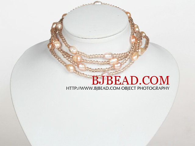 Baby Pink Color Baroque Pearl Crystal Long Style Necklace