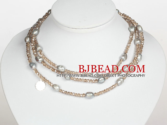 Gray Color Baroque Pearl Crystal Long Style Necklace