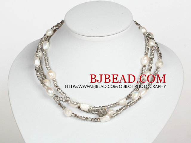 White Baroque Pearl and Gray Crystal Long Style Necklace