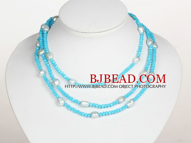Sky Blue Color Baroque Pearl Crystal Long Style Necklace
