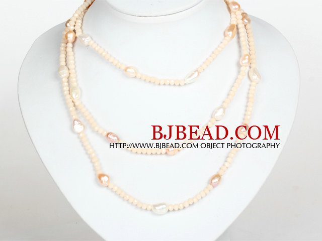 Pink Color Baroque Pearl Crystal Long Style Necklace