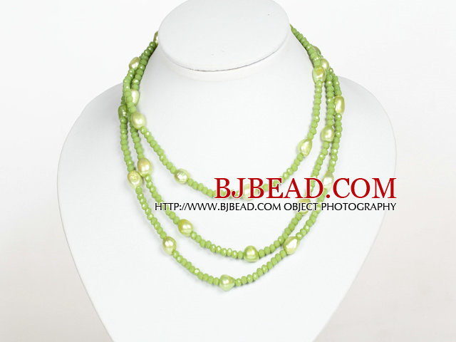 Grass Green Color Baroque Pearl Crystal Long Style Necklace