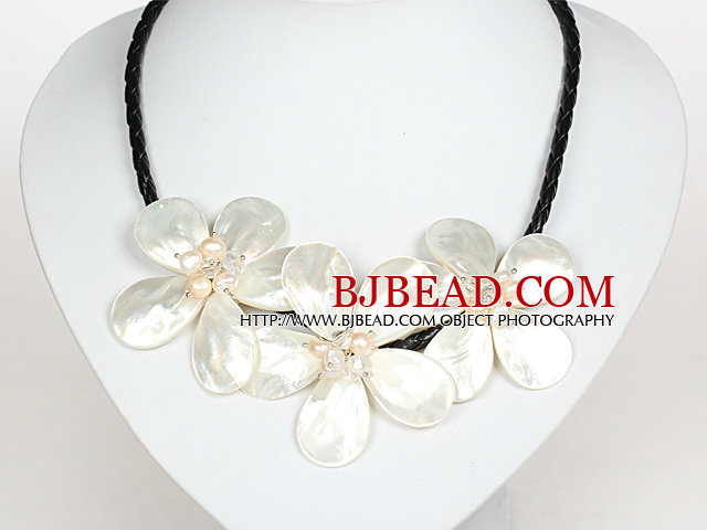 White Pearl Crystal and Shell Flower Necklace with Magnetic Clasp