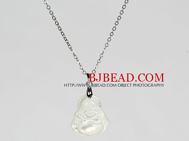 White Sea Shell Laugh Buddha Pendant Necklace with Metal Clasp