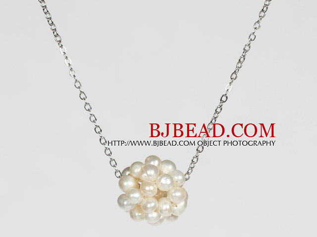 Natural White  Freshwater Pearl Ball Pendant Necklace with Metal Chain