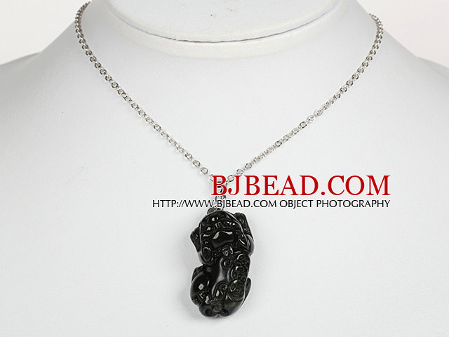 Obsidian Pixiu Pendant Necklace with Metal Chain