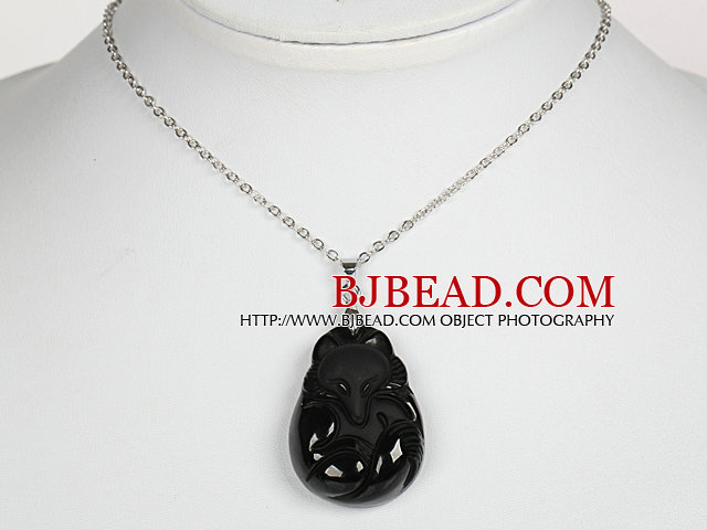 Obsidian Fox Pendant Necklace with Metal Chain