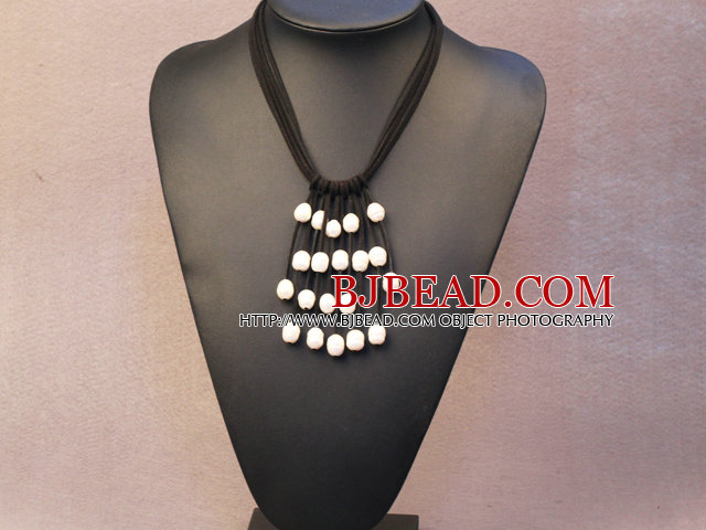 Popular Hot Sale Natural White Freshwater Pearl Black Leather Tassel Necklace