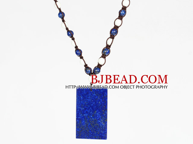 White Porcelain Stone and Lapis Necklace with Rectangle Shape Lapis Pendant