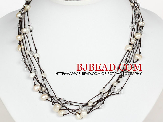 Multi Strands White Pearl and Clear Crystal Necklace