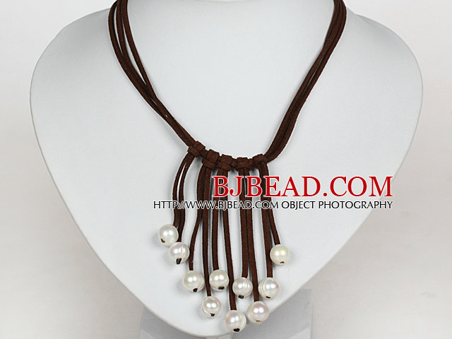 10-11mm Natural White Freshwater Pearl Tassel Necklace with Dark Brown Leather Cord