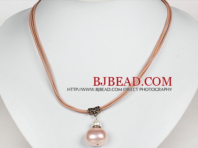 Pink Potato Shape Sea Shell Beads Pendant Leather Necklace