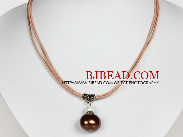 Coffee Color Potato Shape Sea Shell Beads Pendant Leather Necklace