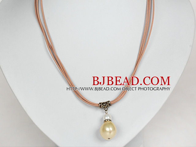 Light Yellow Color Potato Shape Sea Shell Beads Pendant Leather Necklace
