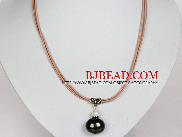 Black Color Potato Shape Sea Shell Beads Pendant Leather Necklace