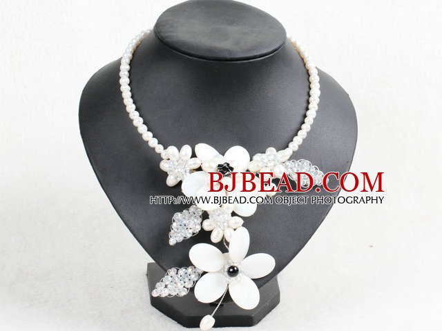 Gorgeous Beautiful White Series Natural Pearl Crystal Shell Flower Statement Party Necklace