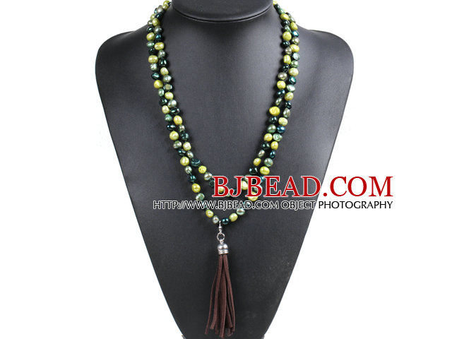 Fashion Hot Sale Potato Shape Natural Green Series Kelly Green Pearl Long Necklace with Suede Leather Tassel (Tassel Can Be Removed)