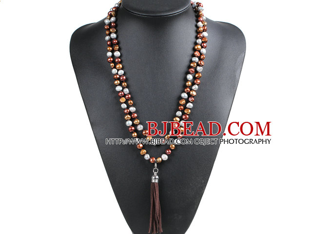 Fashion Hot Sale Potato Shape Natural Gray Light & Deep Brown Pearl Long Necklace with Suede Leather Tassel (Tassel Can Be Removed)